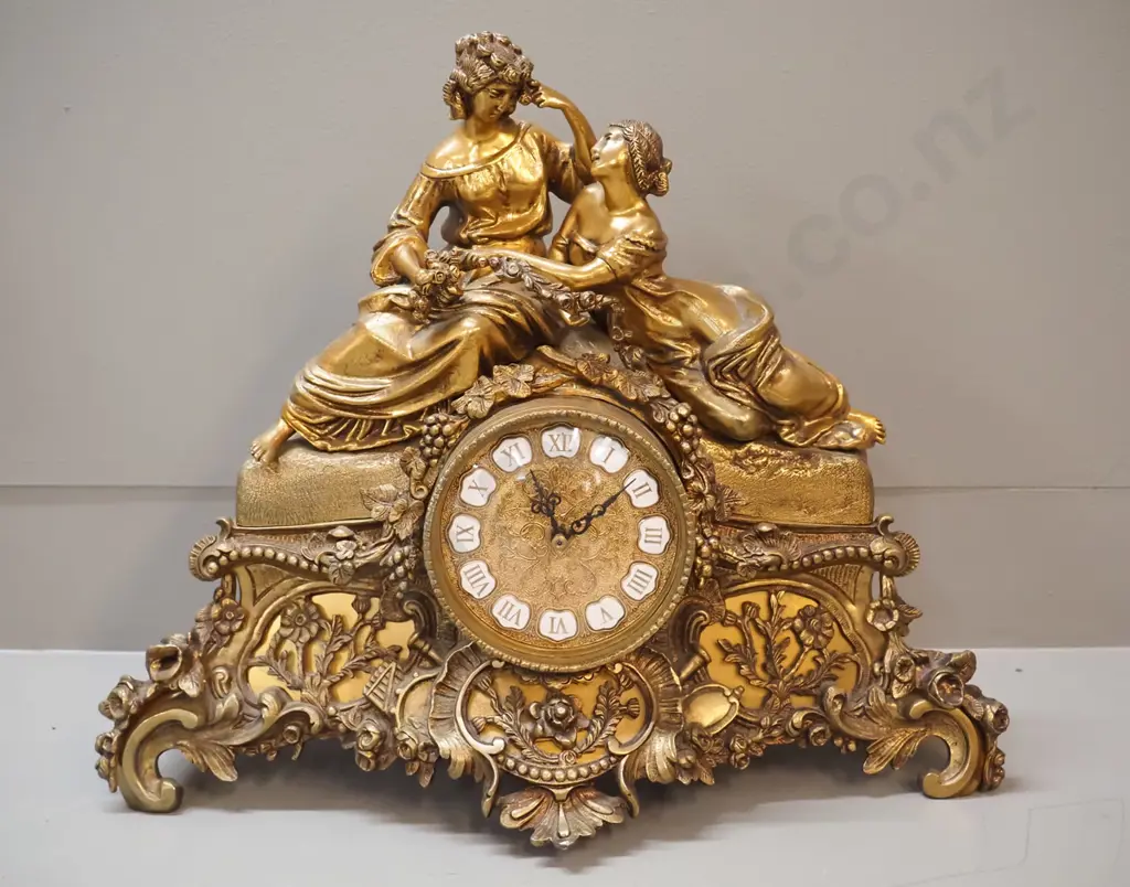 ornate ormolu brass mantel clock with baroque style figures and decoration - quartz movement H370 W450 D140 Image 1++