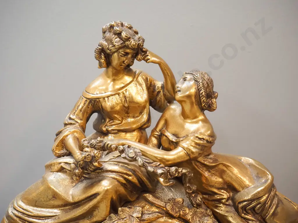 ornate ormolu brass mantel clock with baroque style figures and decoration - quartz movement H370 W450 D140 Image 1++
