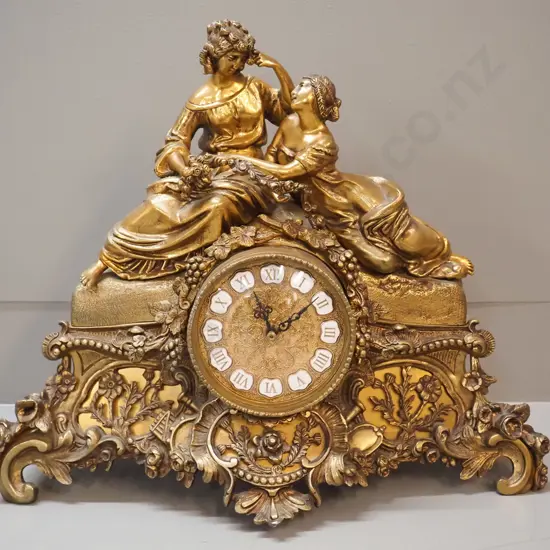 ornate ormolu brass mantel clock with baroque style figures and decoration - quartz movement H370 W450 D140
