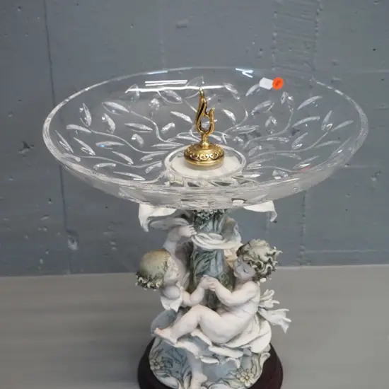 ornate composite based figural cherub comport w/ moulded crystal bowl - Giuseppe Armani / Florence labels H-400