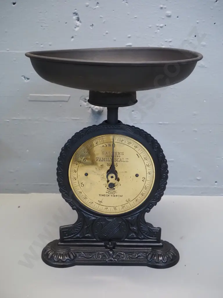 vintage Salter cast iron platform scales with brass face - marked Family Scales No. 5. H-325 Tray D-240 Image 1++