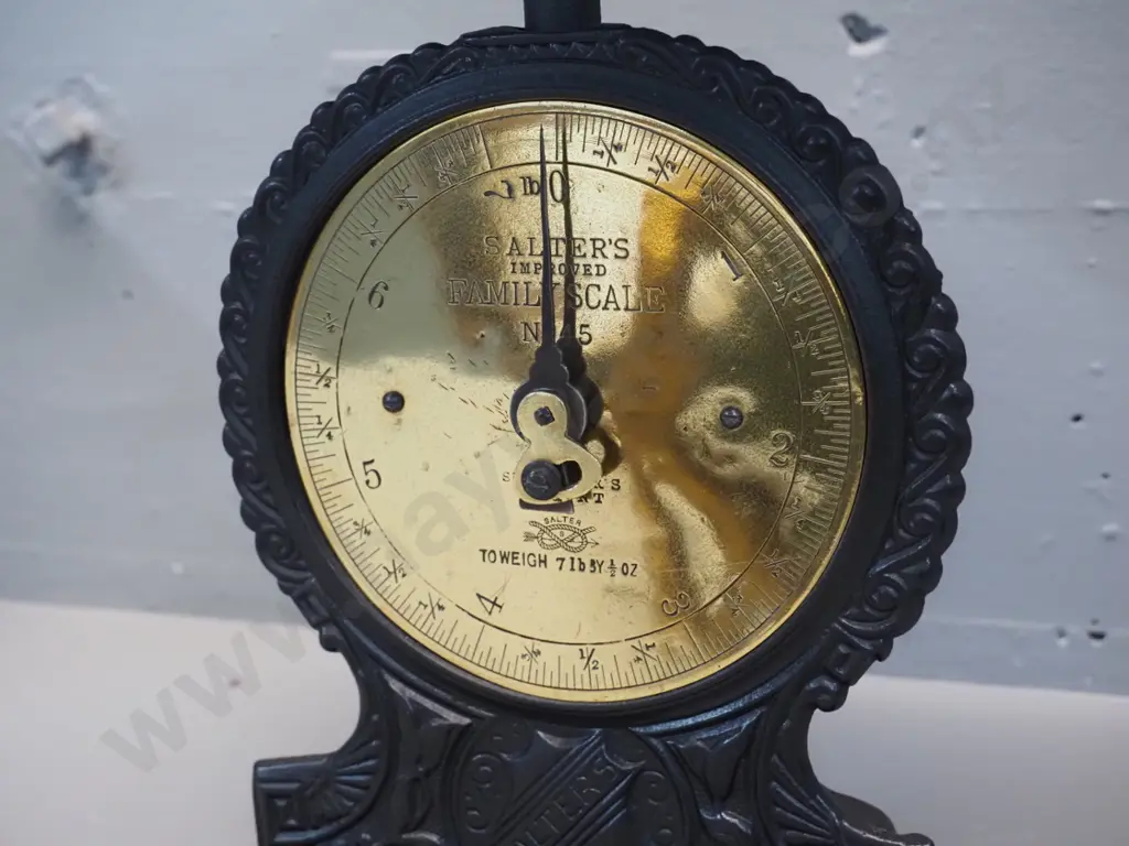 vintage Salter cast iron platform scales with brass face - marked Family Scales No. 5. H-325 Tray D-240 Image 1++