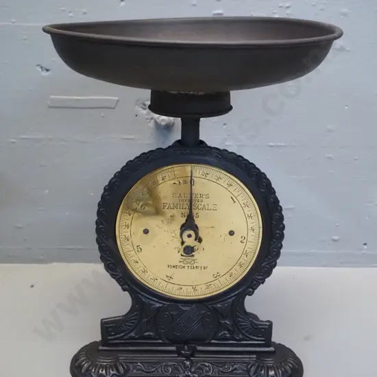 vintage Salter cast iron platform scales with brass face - marked Family Scales No. 5. H-325 Tray D-240