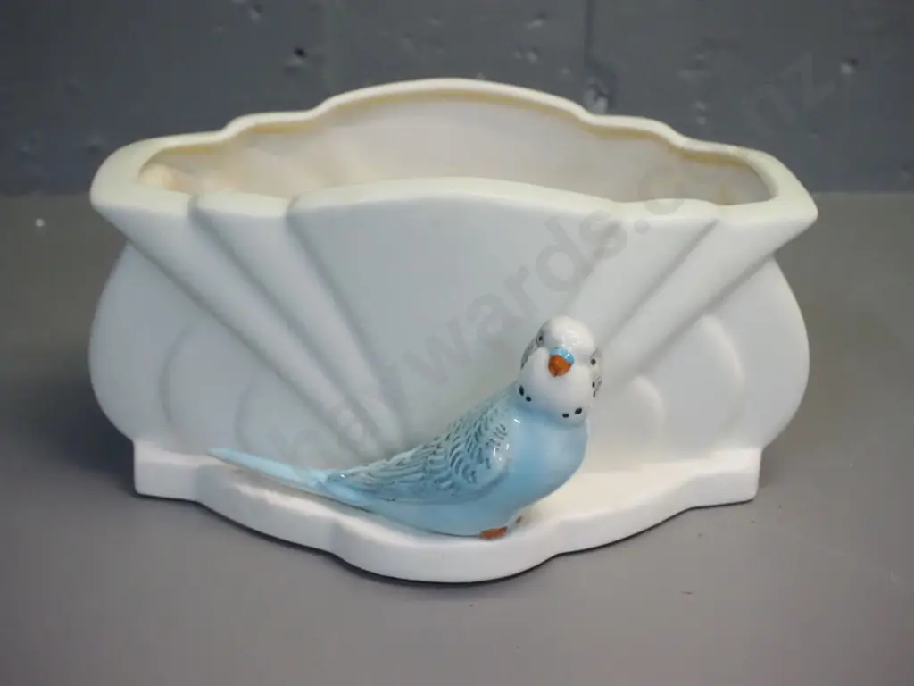 Falcon England deco style budgie figure trough vase - some brown staining H-120 D-240 Image 1++