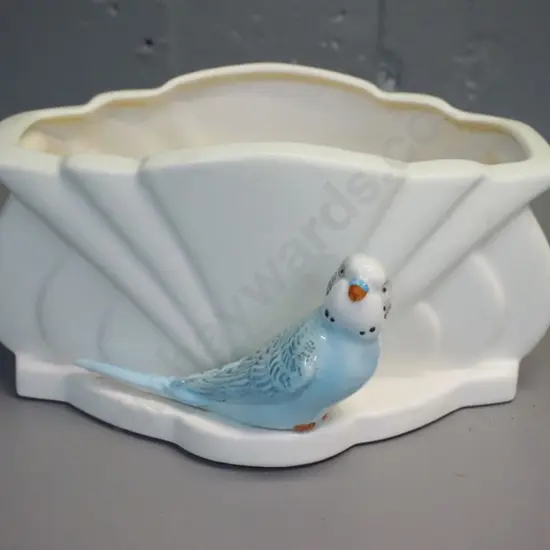 Falcon England deco style budgie figure trough vase - some brown staining H-120 D-240
