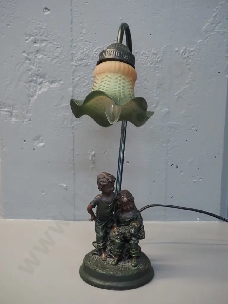 reproduction bronze finish composite figural base table lamp with moulded glass tulip shade H-420 Image 1++