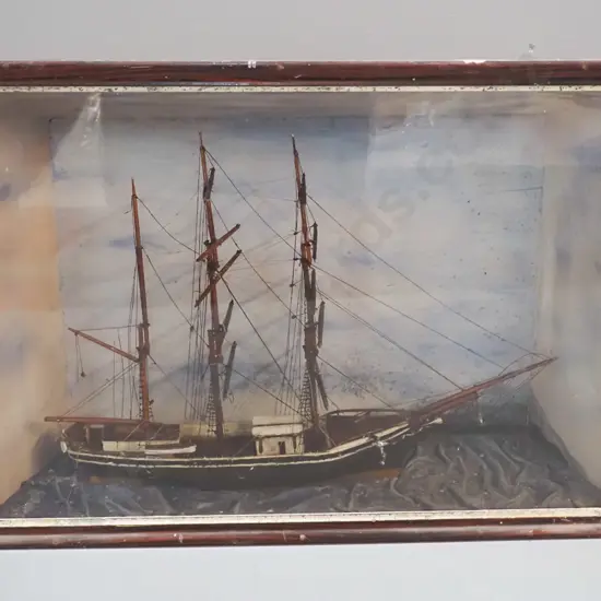 vintage sailing ship model in glazed display case with painted interior, some foxing to paint, chips to wood H420 W610