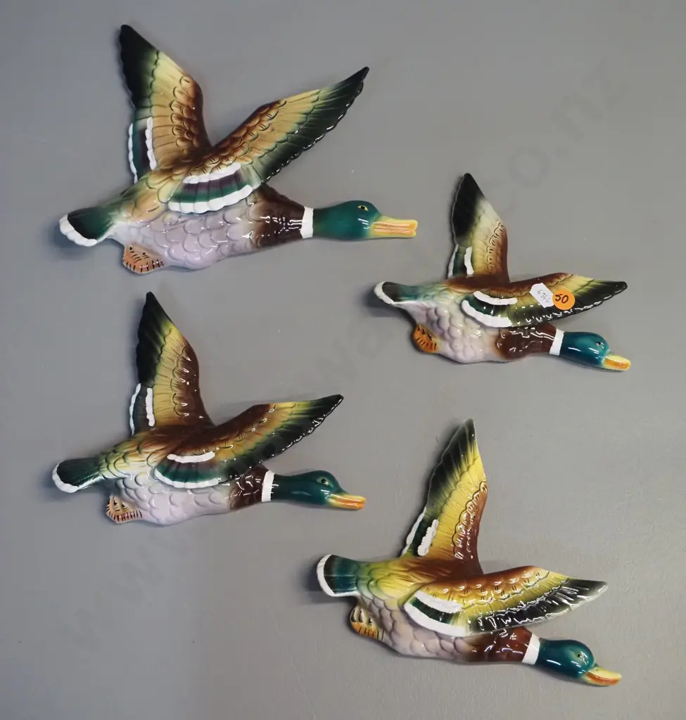 4 flying wall ducks - set of three graduated & one slightly different decoration - largest is H-190 W-230 Image 1++