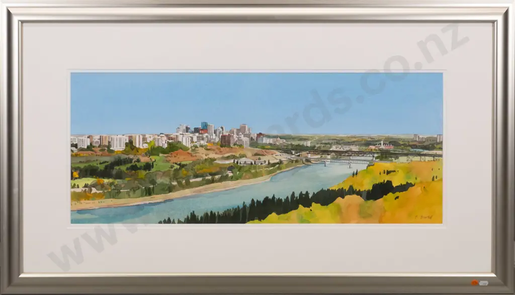 E  Bartel - framed watercolour "Edmonton in the Fall" H-290 W-730 Image 1++