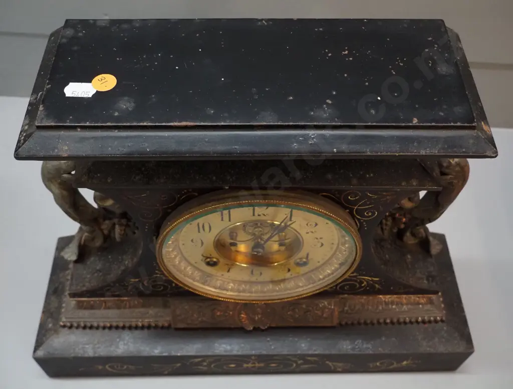 vintage metal cased Ansonia mantel clock w/ spelter figural decoration & metal moulding - some pitting & loss of finish Image 1++