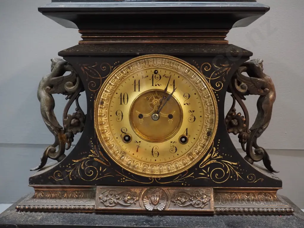vintage metal cased Ansonia mantel clock w/ spelter figural decoration & metal moulding - some pitting & loss of finish Image 1++