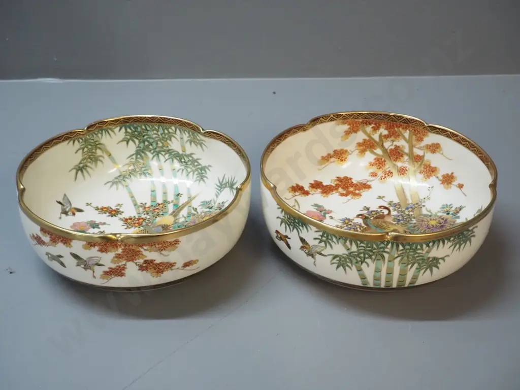 2 scalloped-edge Japanese Satsuma bird motif bowls D-180 Image 1++