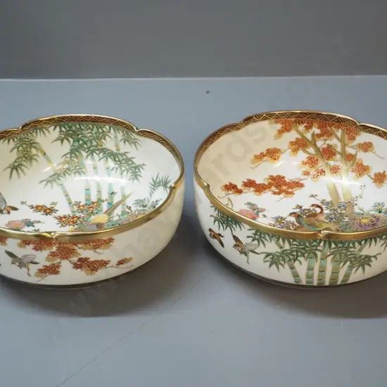 2 scalloped-edge Japanese Satsuma bird motif bowls D-180