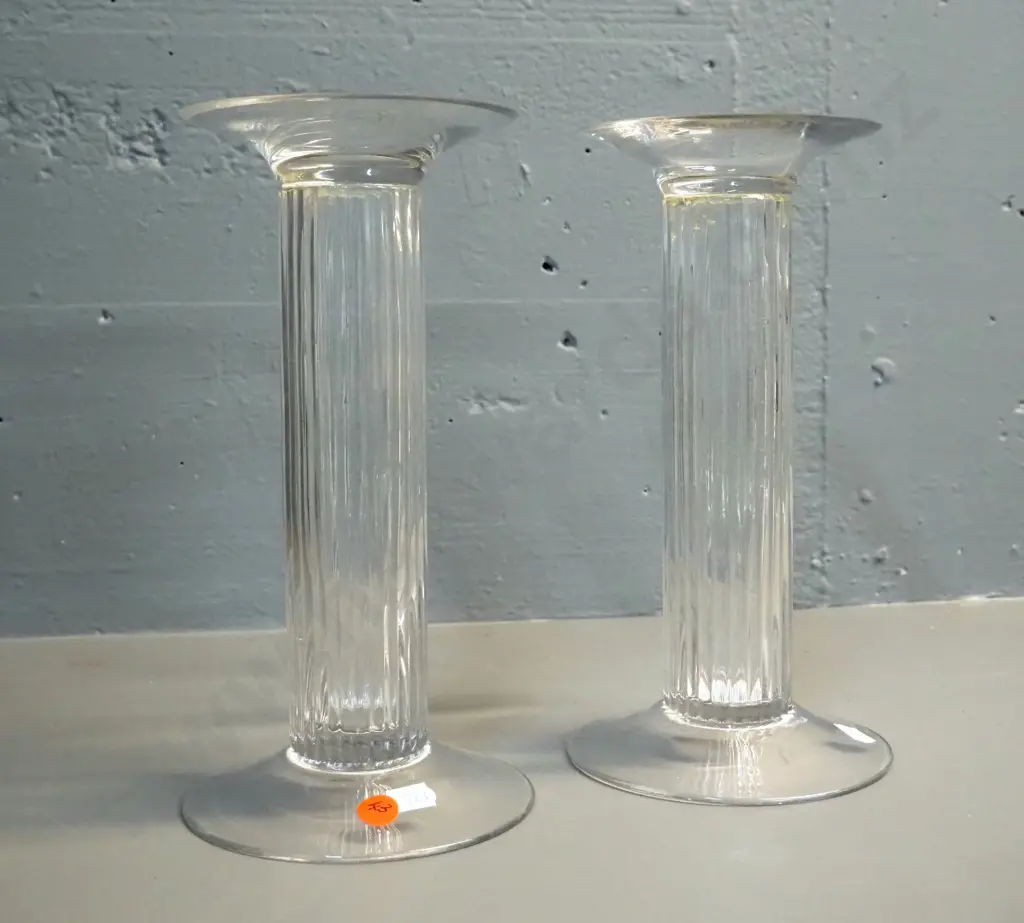 pair of clear glass classical column style candle stands H-240 Image 1++