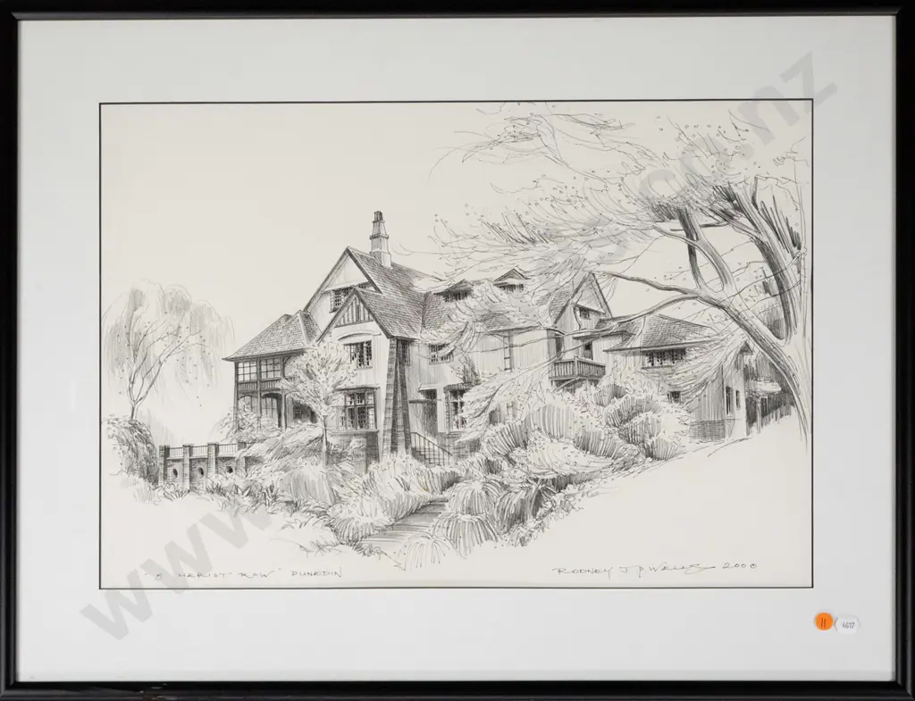 RodneyJP Wells 2000 - framed ink and pencil "5 Heriot Row Dunedin" H-380 W-560 Image 1++