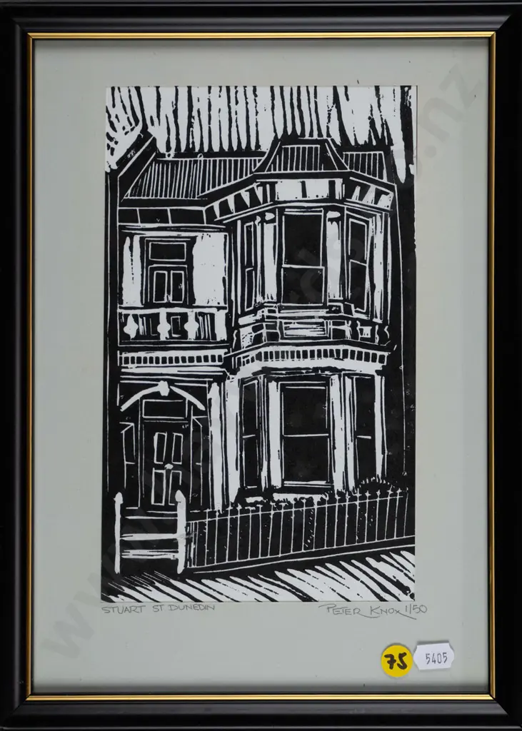 Peter Knox - framed wood block print 1/50 "Stuart St Dunedin" H-230 W-130 Image 1++