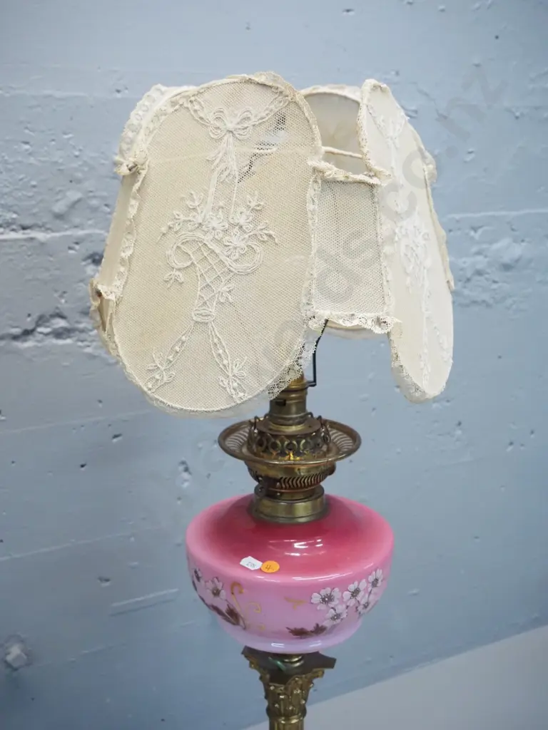 table lamp made from converted Victorian kerosene lamp on column base w/ antique embroidered gauze shade H-760 Image 1++