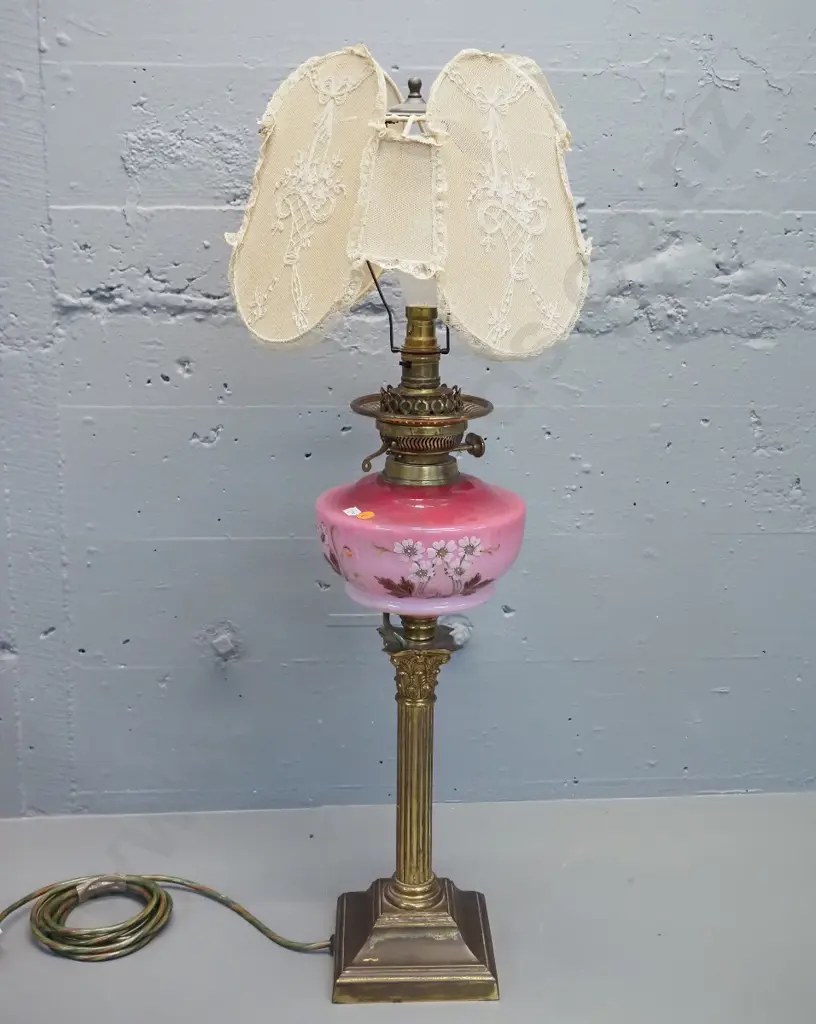 table lamp made from converted Victorian kerosene lamp on column base w/ antique embroidered gauze shade H-760 Image 1++