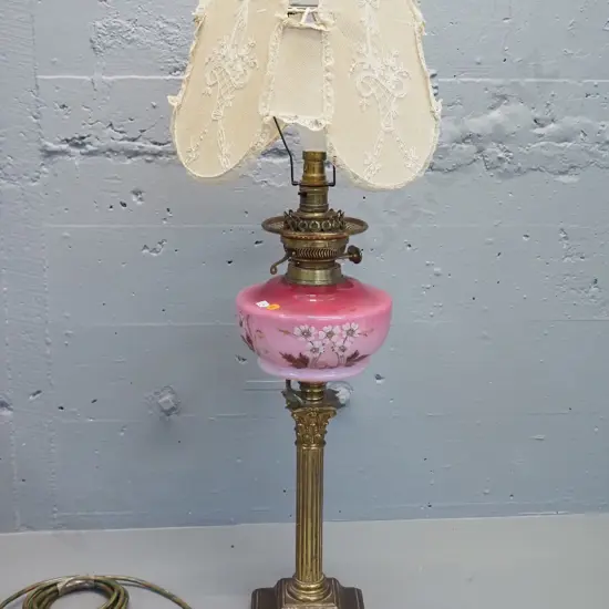 table lamp made from converted Victorian kerosene lamp on column base w/ antique embroidered gauze shade H-760