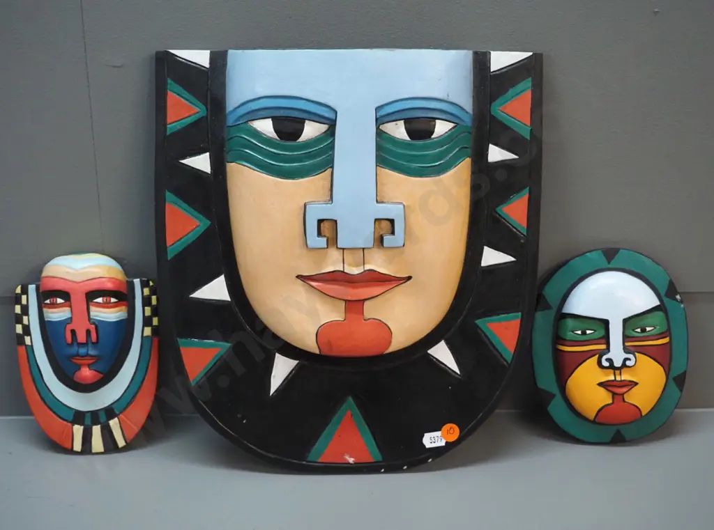 3 (central American?) ornamental carved and painted timber wall masks - some chips to paint. Large one is H-330 W-290 Image 1++