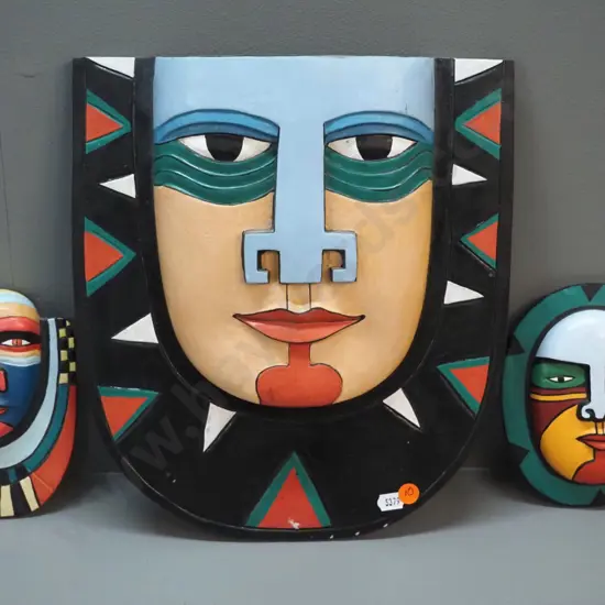 3 (central American?) ornamental carved and painted timber wall masks - some chips to paint. Large one is H-330 W-290