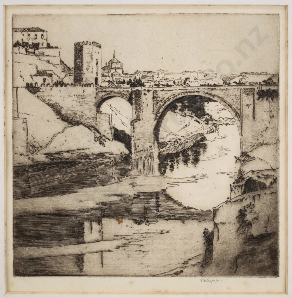 framed etching, river bridge scene H-170 W-170 (very slight foxing) Image 1++