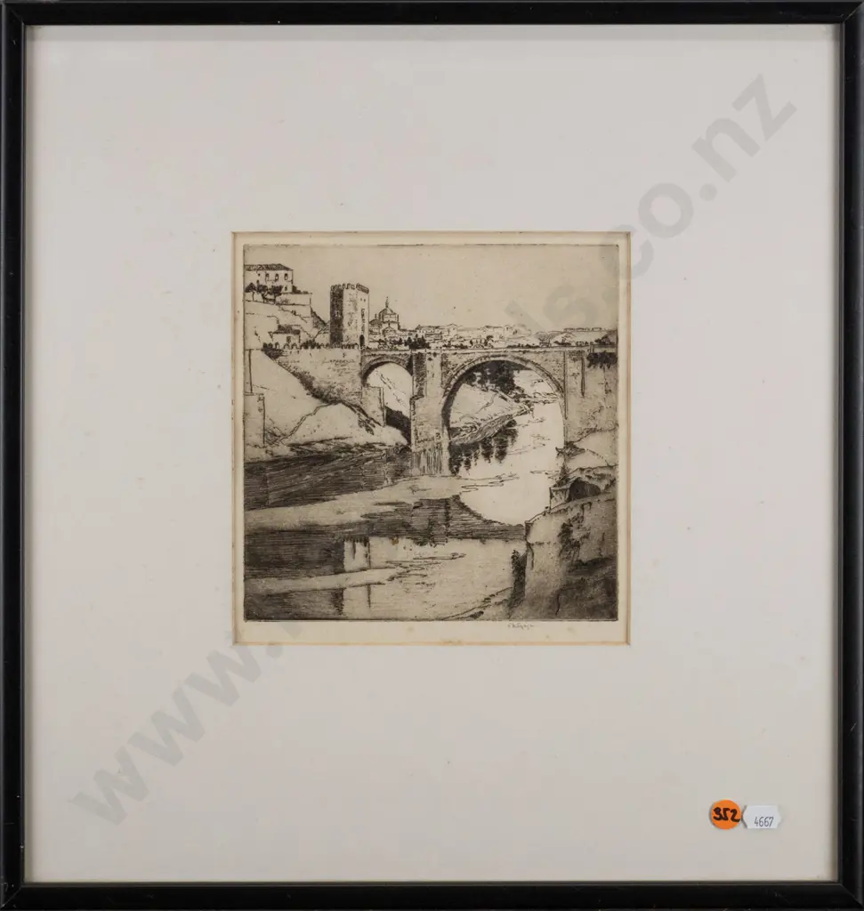 framed etching, river bridge scene H-170 W-170 (very slight foxing) Image 1++
