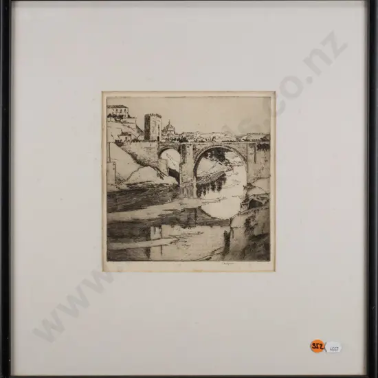 framed etching, river bridge scene H-170 W-170 (very slight foxing)