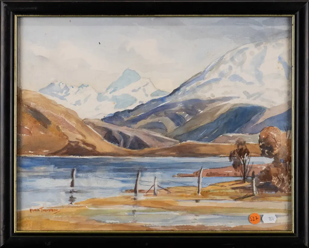 Myra Thompson - framed watercolour - lake and mountain scene (slight foxing) H-270 W-350 Image 1++