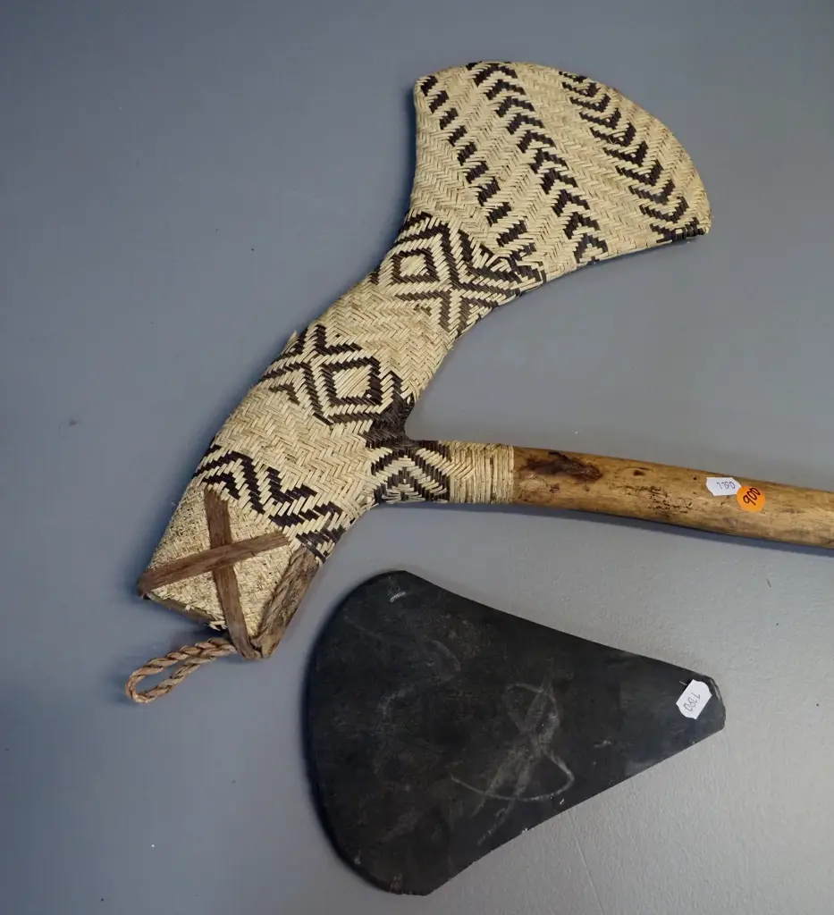 timber and slate ornamental axe with woven seagrass covering over wooden handle - blade is loose L-610 W-560 Image 1++