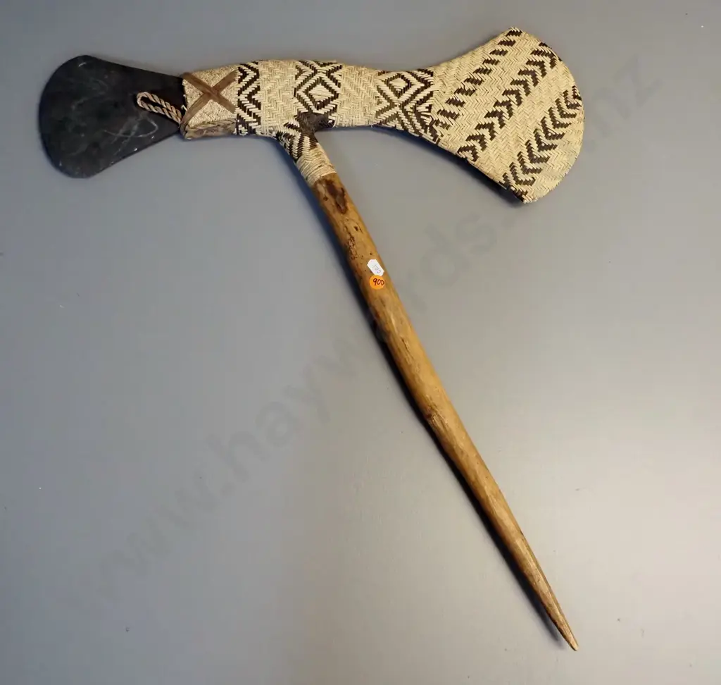 timber and slate ornamental axe with woven seagrass covering over wooden handle - blade is loose L-610 W-560 Image 1++
