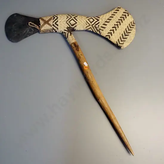 timber and slate ornamental axe with woven seagrass covering over wooden handle - blade is loose L-610 W-560