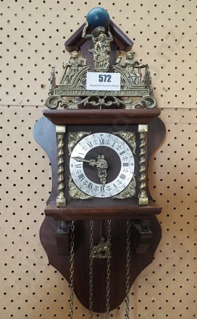 ornate brass, timber and glass cased striking wall clock with Atlas figure, ormolu decoration, heavy solid brass Image 1++
