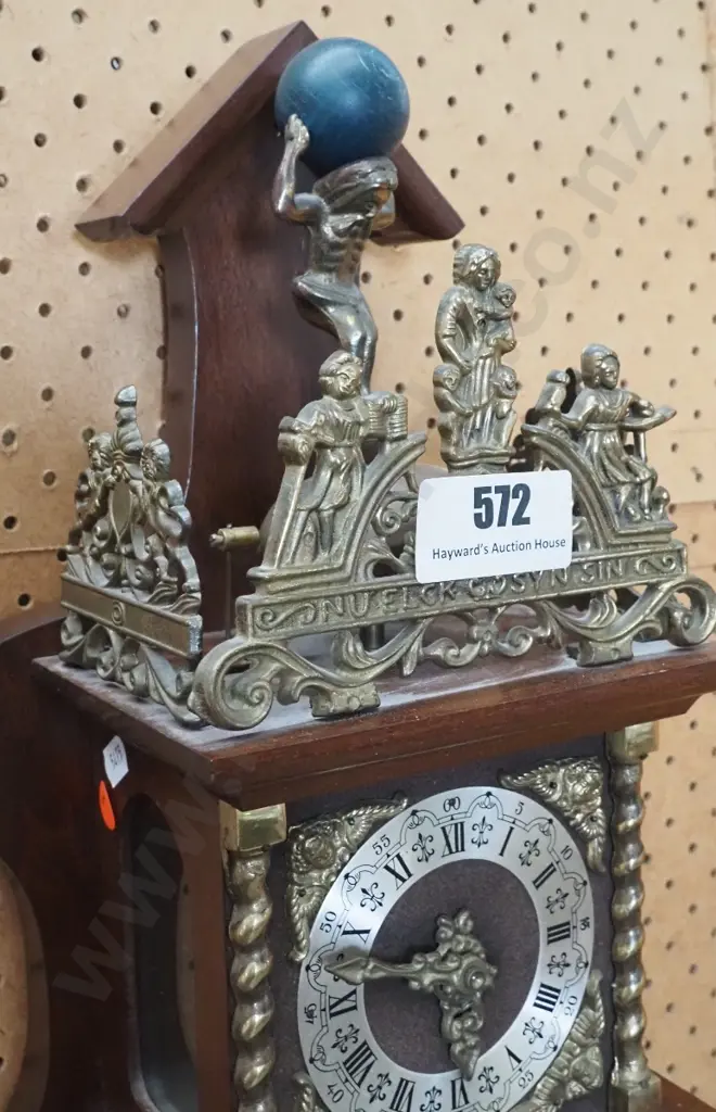 ornate brass, timber and glass cased striking wall clock with Atlas figure, ormolu decoration, heavy solid brass Image 1++