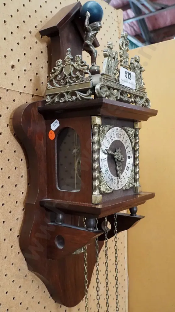 ornate brass, timber and glass cased striking wall clock with Atlas figure, ormolu decoration, heavy solid brass Image 1++