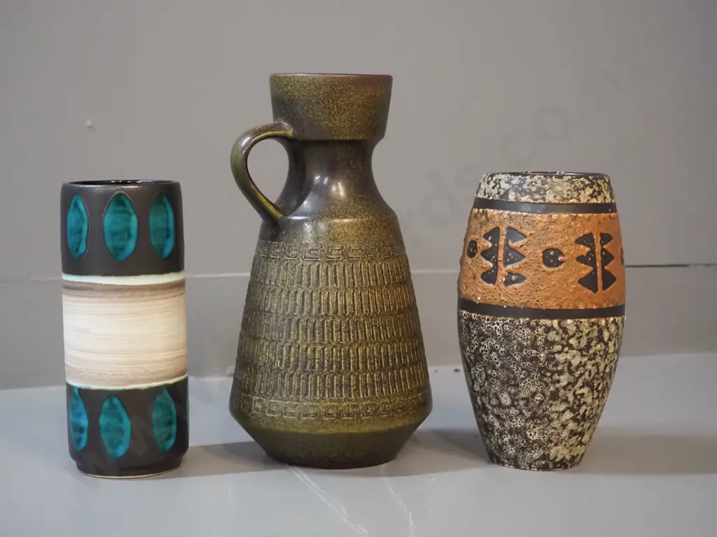 3 German pottery vases, taller handled one H-250 marked 303-25 on base Image 1++
