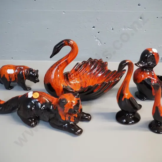 collection of orange and black Blue Mountain style trickle glaze - 4 animal figurines, vase & swan bowl H-160 L-220