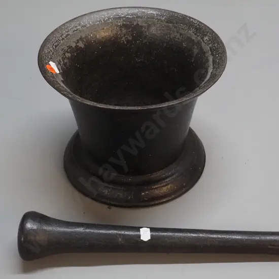 vintage cast iron mortar and pestle - marked A Kenrick & Sons No, 9 on base - H-175 D-230