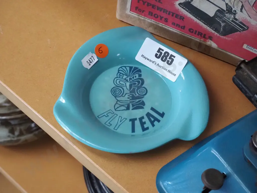 vintage toy Minitype typewriter with box and a "Fly Teal " melamine dish Image 1++