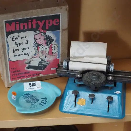 vintage toy Minitype typewriter with box and a "Fly Teal " melamine dish