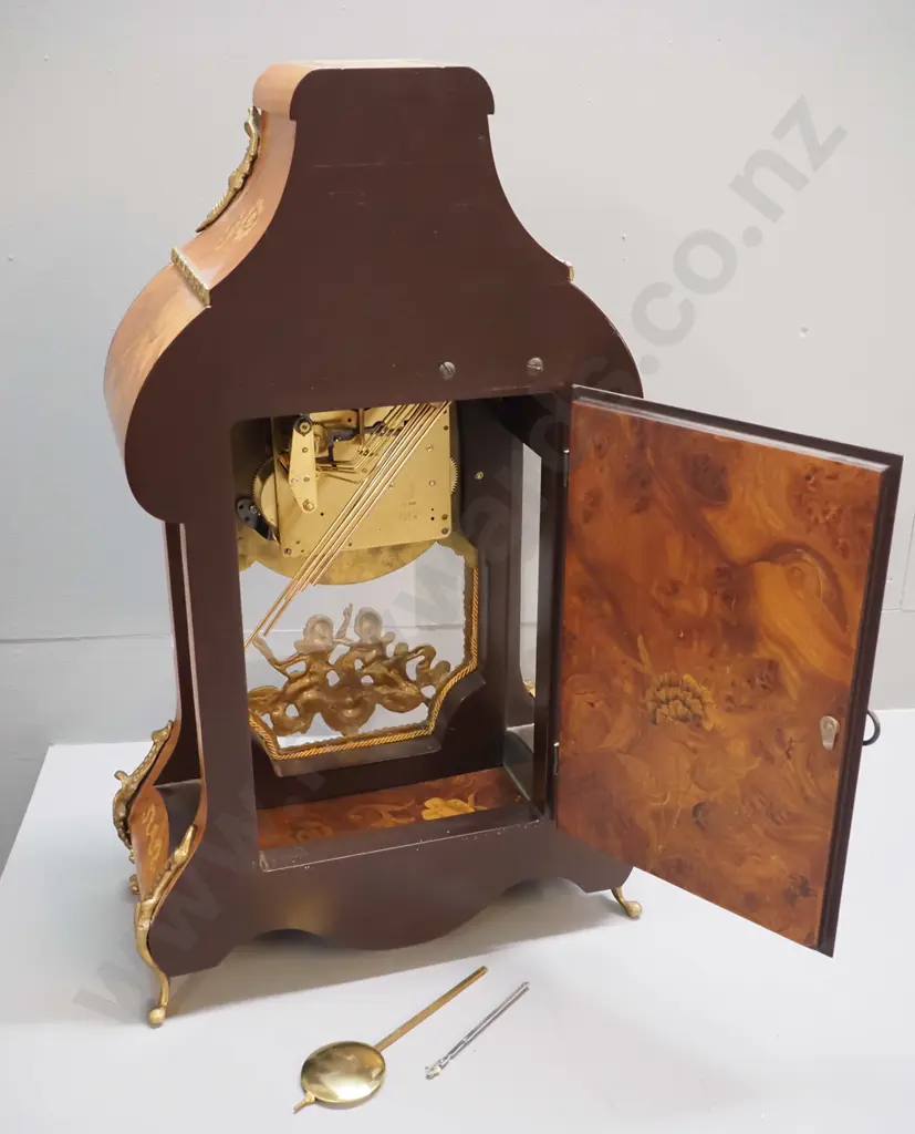 ornate bracket clock on marble topped stand, both w/ marquetry & ormolu detail, German movement, no key, missing top Image 1++