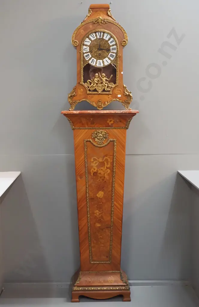 ornate bracket clock on marble topped stand, both w/ marquetry & ormolu detail, German movement, no key, missing top Image 1++