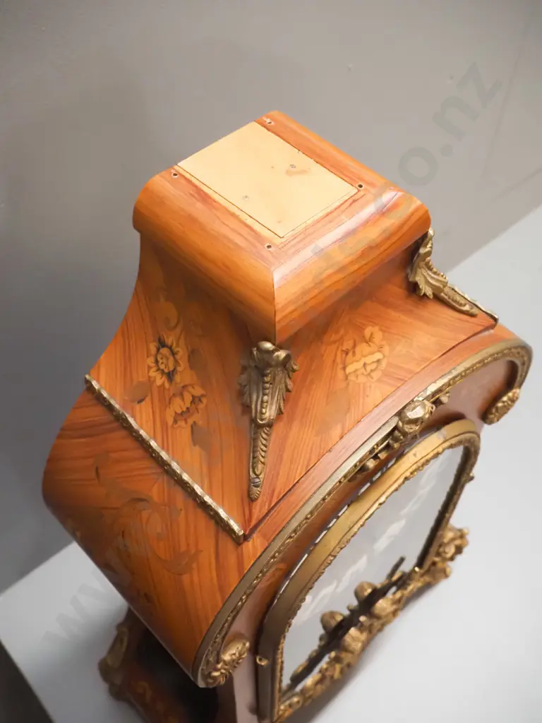 ornate bracket clock on marble topped stand, both w/ marquetry & ormolu detail, German movement, no key, missing top Image 1++