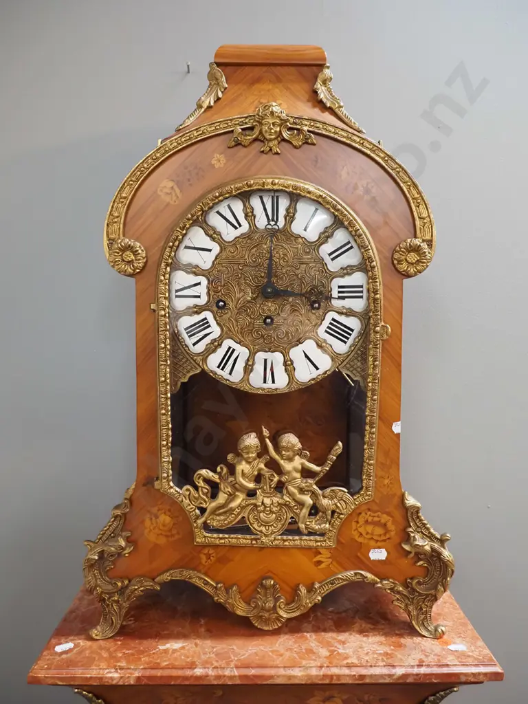 ornate bracket clock on marble topped stand, both w/ marquetry & ormolu detail, German movement, no key, missing top Image 1++