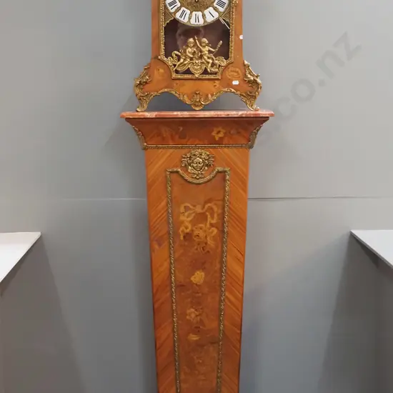 ornate bracket clock on marble topped stand, both w/ marquetry & ormolu detail, German movement, no key, missing top