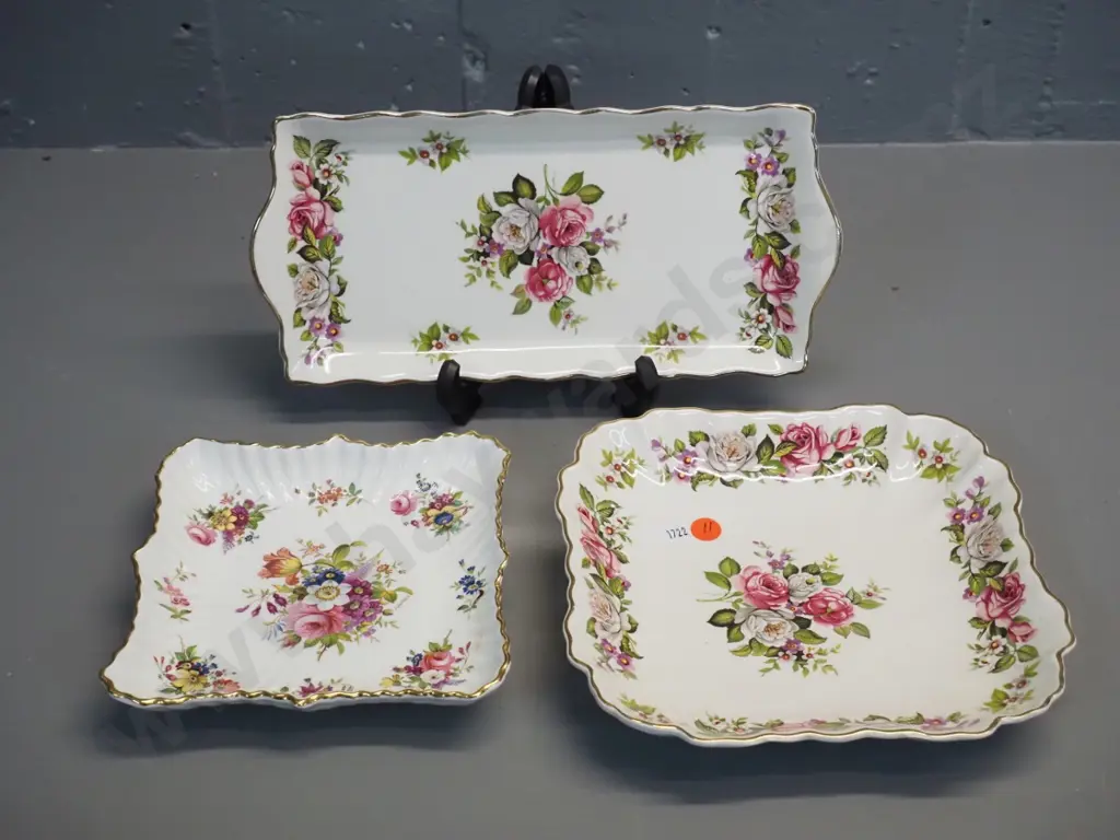 3 English china floral biscuit plates - 1 Hammersley and 2 Old Foley - larger square is 200x200 Image 1++