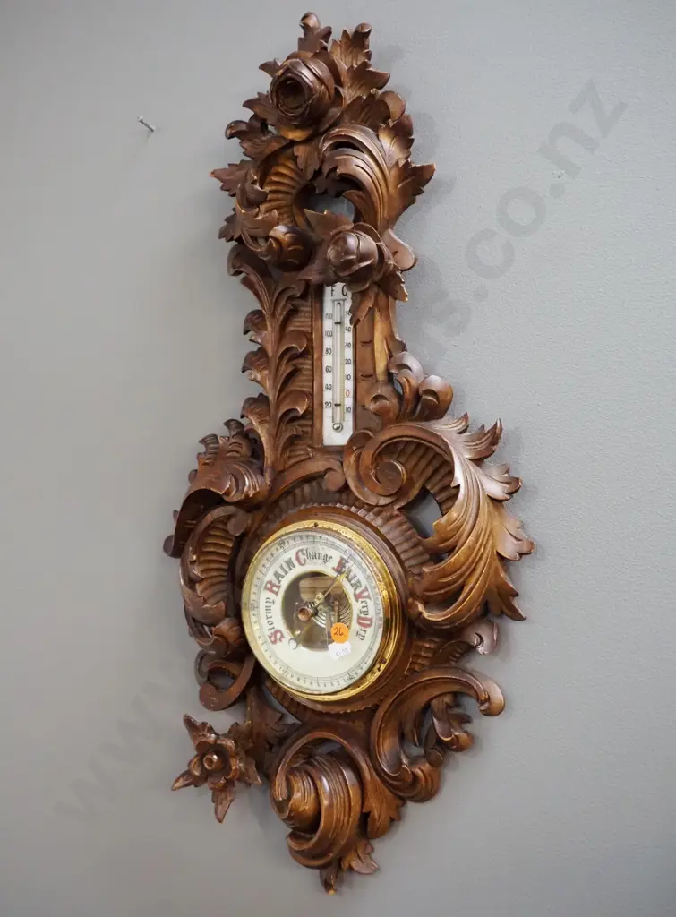 vintage German wall barometer-thermometer in ornately carved (walnut?) case. Minor damage to carved areas. H-630 W-300 Image 1++
