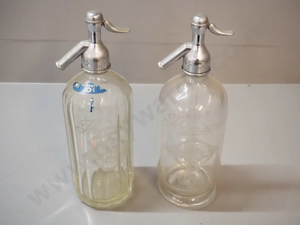 2 vintage soda syphons - Thomsons Gold Medal, tops marked Purity, one is fluted glass, H-300 Image 1++