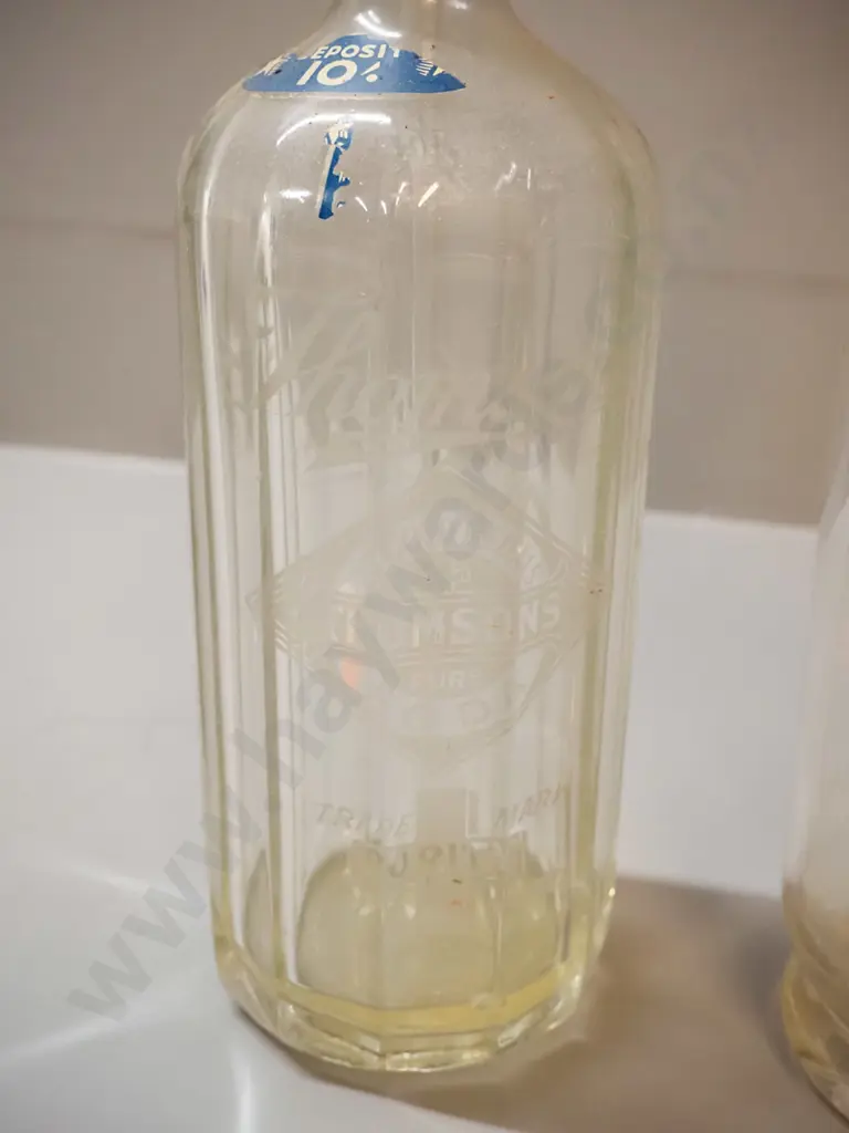 2 vintage soda syphons - Thomsons Gold Medal, tops marked Purity, one is fluted glass, H-300 Image 1++