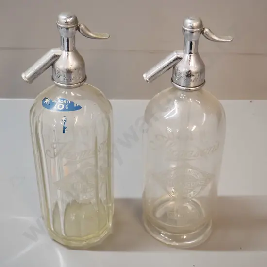 2 vintage soda syphons - Thomsons Gold Medal, tops marked Purity, one is fluted glass, H-300